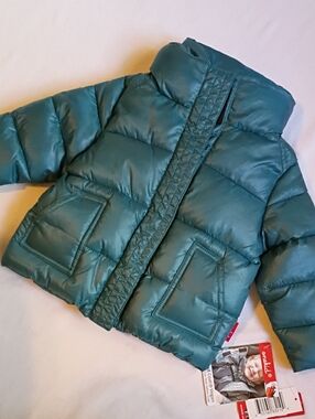 NWT One Kid Vegan Car Seat Safety Puffer Dark Teal Coat